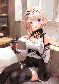 1girl akasaka_asa bare_shoulders black_skirt black_thighhighs blue_eyes braid breasts brown_hair campanella_(vtuber) commentary_request commission couch cup elbow_gloves gloves half_crown_braid headpiece highres holding holding_cup indie_virtual_youtuber indoors looking_at_viewer medium_breasts medium_hair off-shoulder_shirt off_shoulder open_mouth pillow shirt sitting skeb_commission skirt smile solo thighhighs virtual_youtuber white_gloves white_shirt window