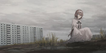 1girl black_ribbon blue_eyes blush brown_hair building chihuri closed_mouth cloud cloudy_sky commentary_request female_focus gloves hair_between_eyes hairband highres juliet_sleeves long_sleeves mud neck_ribbon original outdoors puddle puffy_sleeves renata_alekseevna_tsvetaeva ribbon shoes sky sleeves_past_wrists smile solo squatting water white_gloves white_hairband white_shoes wide_sleeves