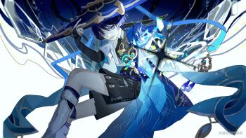 Rule 34 | 1boy, anemo symbol (genshin impact), armor, baiyuyi, belt, black belt, black bodysuit, black bow, black bridal gauntlets, black hair, black shorts, blue cape, blue eyes, blue gem, blue hat, blue kimono, blue sleeves, blunt ends, body markings, bodysuit, bow, bridal gauntlets, bright pupils, cape, choppy bangs, diffraction spikes, eyeliner, feathers, fingernails, furisode, gem, genshin impact, glowing markings, gold, gold ring, hakama, hakama shorts, hand up, hashtag-only commentary, hat, highres, japanese armor, japanese clothes, jingasa, juban, kimono, kote, kurokote, layered sleeves, leg warmers, looking at viewer, makeup, male focus, mandarin collar, middle ring, open clothes, open hand, open kimono, open mouth, outstretched arm, pleated shorts, pom pom (clothes), purple rope, purple sash, red eyeliner, rope, sash, scaramouche (genshin impact), short sleeves, shorts, shoulder peek, solo, tassel, teeth, tongue, vision (genshin impact), wanderer (genshin impact), watermark, white background, white kimono, white leg warmers, white pupils, white sleeves, white trim, yellow feathers