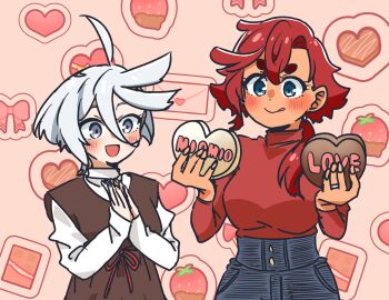 Rule 34 | 2girls, absurdres, ahoge, be go ichi, blue eyes, blush, breasts, brown dress, candy, chocolate, chocolate heart, closed mouth, commentary request, dress, food, fruit, grey eyes, gundam, gundam suisei no majo, heart, heart-shaped food, highres, jewelry, large breasts, letter, licking lips, looking at another, love letter, miorine rembran, multiple girls, open mouth, pinafore dress, red sweater, ring, shirt, short hair, sleeveless, sleeveless dress, smile, strawberry, suletta mercury, sweater, tongue, tongue out, valentine, wedding ring, white hair, white shirt, wife and wife, yuri