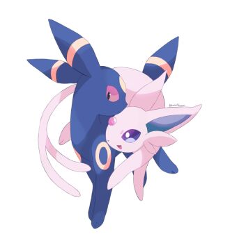 Rule 34 | black eyes, closed mouth, colored sclera, commentary, espeon, gen 2 pokemon, highres, looking down, nintendo, no humans, open mouth, pokemon, pokemon (creature), purple eyes, red sclera, simple background, smile, sorashiramu, untranslatable commentary, twitter username, umbreon, white background