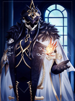 1boy absurdres arm_up black_fur black_gloves black_hair black_helmet cape capitano_(genshin_impact) collared_shirt commentary_request cowboy_shot fur-trimmed_cape fur_trim genshin_impact gloves gold_trim helmet highres inset_border long_hair long_sleeves male_focus shirt sleeve_cuffs solo uouzzz white_cape window