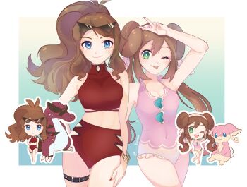 2girls absurdres audino bangle blue_eyes bracelet breasts brown_hair chibi chibi_inset cleavage closed_mouth commentary_request double_bun eyelashes eyewear_hang gen_5_pokemon hair_bun heart heart-shaped_eyewear high_ponytail highres hilda_(pokemon) jewelry krookodile long_hair multiple_girls multiple_views nail_polish nintendo one-piece_swimsuit one_eye_closed pink_one-piece_swimsuit pokemon pokemon_(creature) pokemon_bw pokemon_bw2 ponytail red_nails rosa_(pokemon) ryusa_(gjgd7445) sidelocks smile sunglasses swimsuit thigh_strap tongue tongue_out twintails unworn_eyewear