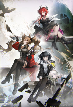 1girl :/ :d absurdly_long_hair absurdres angelina_(arknights) animal_ear_fluff animal_ears arknights arknights:_endfield bansibuhuo_yu_pian bare_shoulders black_boots black_coat black_dress black_gloves black_hair black_horns black_jacket black_pantyhose black_shoes black_thighhighs blunt_bangs boots breasts brown_eyes brown_hair closed_mouth clothes_down coat collared_sweater commentary commentary_request copyright_name cropped_torso demon_horns double_v dress endministrator_(arknights) female_endministrator_(arknights) fold-over_boots food foot_out_of_frame fox_ears fox_girl full_body gilberta_(arknights) gloves grey_dress grey_eyes grey_sweater hair_between_eyes hair_intakes hair_ornament hand_up hands_in_own_hair hands_up headgear high_collar highres holding holding_food holding_popsicle horns impossible_clothes impossible_dress incredibly_absurdres jacket laevatein_(arknights) light_blush long_hair long_sidelocks long_sleeves looking_at_viewer medium_breasts medium_hair multiple_views no_mask open_clothes open_coat open_jacket open_mouth orange_eyes pantyhose pocket popsicle red_coat red_hair shoes short_dress short_hair sidelocks simple_background small_breasts smile solo standing surtr_(arknights) sweater thighhighs twintails twitter_username v very_long_hair white_background