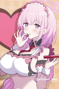 1girl alternate_costume apron arm_cuffs between_breasts blue_archive blush breasts chocolate commentary_request eimi_(blue_archive) food halo heart highres holding holding_chocolate holding_food jellyman large_breasts looking_at_viewer maid_headdress necktie open_mouth pink_eyes pink_hair pink_halo ponytail red_necktie sidelocks upper_body white_apron