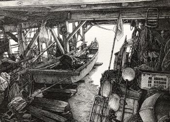 Rule 34 | boat, buoy, graphite (medium), greyscale, highres, ibsukionsen, monochrome, motor vehicle, no humans, original, plank, rope, scenery, shadow, shelter, sunlight, traditional media, watercraft