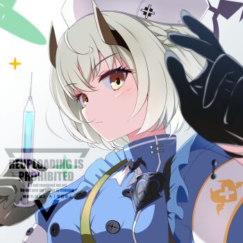 Rule 34 | 1girl, armband, black gloves, blue archive, blue dress, braid, breasts, brown horns, closed mouth, commentary request, demon horns, dress, furisuku (gerbera), gloves, grey hair, half gloves, half up braid, hat, highres, holding, holding syringe, horns, long sleeves, looking at viewer, medium breasts, nurse cap, portrait, sena (blue archive), short hair, solo, standing, syringe, upper body, watermark, white armband, white hat, yellow eyes