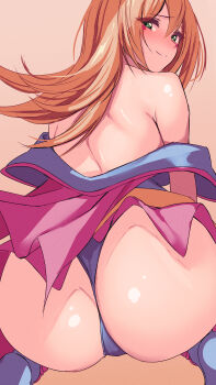 1girl absurdres armpit_crease ass ass_focus bare_shoulders blonde_hair blue_leotard blush_stickers closed_mouth commentary_request dark_magician_girl duel_monster from_behind green_eyes highres leotard long_hair looking_at_viewer looking_back no_headwear one-hour_drawing_challenge simple_background smile solo squatting teru_cats yu-gi-oh! yu-gi-oh!_duel_monsters