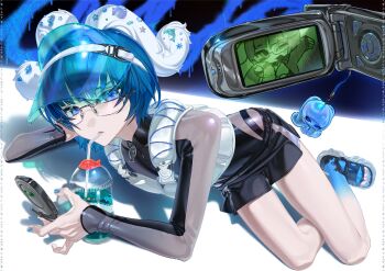 1girl absurdres arm_support black_shorts blue_eyes blue_hair blue_nails blunt_bangs cellphone cellphone_charm charm_(object) chibi cup drink drinking_straw fish_ornament flip_phone front_zipper glasses head_on_hand highres holding holding_phone looking_at_viewer lying on_side original oxo_404 phone sandals see-through_clothes short_hair shorts skin_tight solo visor_cap