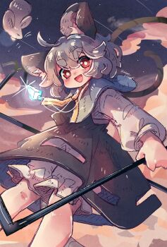 1girl animal_ears black_dress bloomers blush cloud dress grey_hair highres long_sleeves mame_komari mouse_ears nazrin open_mouth red_eyes ribbon short_hair smile solo touhou underwear yellow_ribbon