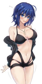 1girl ahoge bikini black_bikini black_jacket blue_eyes blue_hair blush breasts c.i.e.l_(fate) ciel_(tsukihime) cross cross_necklace fate/grand_order fate_(series) highres jacket jewelry large_breasts mysterious_executor_c.i.e.l_(fate) necklace short_hair solo swimsuit tagme toomishou
