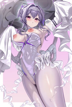 1girl :o absurdres aikunn8 alternate_breast_size_(larger) blush breasts cameltoe commentary_request commission covered_navel detached_sleeves frills goddess_of_victory:_nikke hair_intakes highres jellyfish_girl large_breasts leotard liberalio_(nikke) nipples pantyhose pixiv_commission purple_hair red_eyes short_hair_with_long_locks sleeves_past_fingers sleeves_past_wrists solo thighs tube undersized_breast_cup white_leotard white_pantyhose white_sleeves