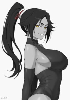 1girl absurdres artist_name bare_shoulders bleach breasts commentary covered_collarbone covered_navel elbow_gloves english_commentary from_side gloves greyscale heattech_leotard highleg highleg_leotard highres large_breasts leotard long_hair looking_at_viewer monochrome parted_bangs parted_lips ponytail shihouin_yoruichi sideboob smile solo spot_color stayaliveplz toned toned_female turtleneck upper_body yellow_eyes