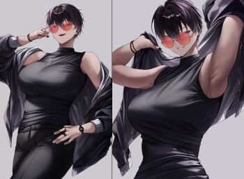 1girl absurdres armpits black_hair black_jacket black_nails black_pants black_shirt breasts commentary ear_piercing earrings glasses gradient_hair hair_between_eyes highres jacket jewelry large_breasts long_sleeves may_(ulularts) multicolored_hair multiple_views necklace open_mouth orange-framed_eyewear original pants piercing round_eyewear shirt short_hair smile streaked_hair symbol-only_commentary teeth ulularts watch white_hair wristwatch