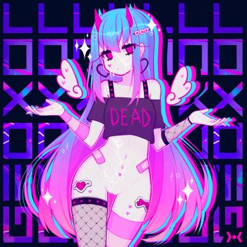 1girl ariimaw bandaid blush body_writing breasts clitoris cowboy_shot cum hair_ornament heart heart_hair_ornament highres horn_ornament horns long_hair medium_breasts net_stockings phone pussy pussy_juice pussy_piercing solo sparkle sticker tagme taking_picture thighhighs third-party_edit wings