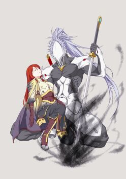 Rule 34 | 1boy, 1girl, 212 (kisaragi), absurdres, armor, blazblue, boots, carrying, closed eyes, gloves, hair tubes, hakumen, highres, huge filesize, long hair, mask, red eyes, red hair, silver hair, sword, tsubaki yayoi, uniform, weapon