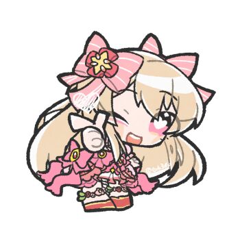 1girl ;d blonde_hair chaos_marie_(grimms_notes) full_body grimms_notes heart heart-shaped_pupils long_hair looking_at_viewer one_eye_closed open_mouth ork3110 pink_eyes red_shoes shoes smile solo symbol-shaped_pupils teeth twitter_username upper_teeth_only