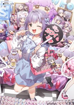 1girl badge bag bag_charm balloon black_shoes blue_bow blue_bowtie blue_skirt bow bowtie brown_eyes button_badge cardboard_cutout center_frills character_doll character_name character_print charm_(object) checkered_floor chibigurumi comiket_107 couch dakimakura_(object) doll frilled_shirt frilled_shirt_collar frilled_sleeves frilled_socks frills hair_bow hair_intakes hair_ornament hairclip hand_fan hand_fan_writing heart heart_hair_ornament high-waist_skirt highres holding holding_fan idolmaster idolmaster_cinderella_girls indoors koshimizu_sachiko layered_skirt leg_up long_sleeves looking_at_viewer mary_janes merchandise narcissism one_eye_closed open_mouth picture_frame pillow pink_bag pointing pointing_at_self purple_hair shirt shoes shoulder_bag skirt smile socks solo suspender_skirt suspenders translated white_shirt white_socks yukie_(kusaka_shi)
