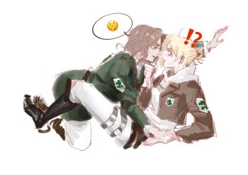 !? 2girls absurdres annie_leonhart arm_up belt bent_over black_footwear blonde_hair blue_eyes boots brown_belt brown_hair brown_jacket chinese_commentary clenched_hand coat collared_shirt couple cropped_jacket emblem face-to-face friends from_side full_body hair_bun hand_up highres hitch_dreyse hood hood_down hoodie jacket leaning_back leaning_forward leaning_to_the_side legs_up light_blush long_sleeves looking_at_another looking_down looking_up marley_military_uniform military_police_brigade_(emblem) military_uniform multiple_girls open_mouth paradis_military_uniform parted_bangs parted_lips pink_lips shingeki_no_kyojin shirt short_hair simple_background smile spoken_emoji survey_corps_(emblem) sweatdrop teeth upper_teeth_only wavy_hair white_background white_hoodie white_shirt yeguangjinyu58312 yuri