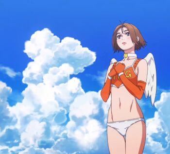 1girl angel_wings anime_screenshot bikini choker collar crop_top elbow_gloves eyeshadow gloves heart long_glove lowleg lowleg_panties makeup mf_ghost official_art panties race_queen saionji_ren stitched swimsuit tank_top third-party_edit underwear white_panties wings