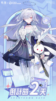 1girl black_choker black_skirt choker collarbone colored_eyelashes countdown_illustration earrings grey_hair hair_intakes hair_over_one_eye halo highres jewelry long_hair looking_at_viewer mornye_(wuthering_waves) official_alternate_costume official_art parted_lips red_eyes see-through_body shirt skirt solo tacet_mark_(wuthering_waves) white_shirt wuthering_waves