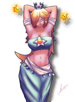 1girl arabian_clothes armpits arms_behind_head artist_name belly_dancer blonde_hair breasts cleavage curvy hair_over_one_eye highres large_breasts long_hair luma_(mario) mario_(series) midriff navel nintendo parted_lips rosalina seductive_gaze seductive_smile smile strapless teeth toned tube_top