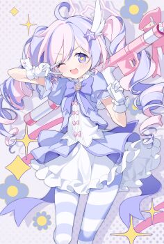 1girl absurdres blue_archive blush curly_hair dress frilled_dress frills highres long_hair m_cury magical_girl multicolored_hair one_eye_closed open_mouth purple_eyes reisa_(blue_archive) reisa_(magical)_(blue_archive) rocket_launcher rpg rpg-7 rpg_(weapon) smile sparkle star_(symbol) star_in_eye symbol_in_eye v weapon winged_hair_ornament
