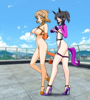 2girls anal_beads anal_tail arms_behind_back bdsm bondage bound breasts butt_plug collar exhibitionism fake_tail female_focus fence harness high_heel_shoes high_heels highres kohinata_miku looking_at_viewer multiple_girls navel nipple_piercing nipple_rings nipples noboyasm2000 nude open_mouth outdoors pet_play piercing pony_play public_indecency restrained rooftop school senki_zesshou_symphogear sex_toy shoes shy slave smile solo standing standng tachibana_hibiki_(symphogear) tail take_your_pick yuri