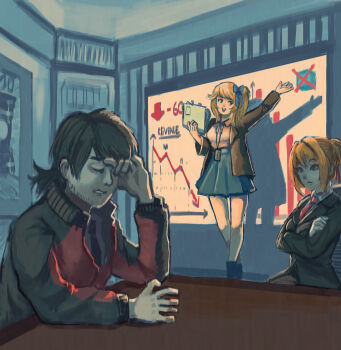 1boy absurdres arm_up black_shirt blonde_hair blue_bow blue_eyes blue_neckerchief blue_skirt bow chart closed_eyes closed_mouth collared_shirt commander_(girls'_frontline) commentary crossed_arms english_commentary feet_out_of_frame frustrated girls'_frontline girls'_frontline_2:_exilium hair_bow hand_up highres id_card indoors kalina_(girls'_frontline) lanyard long_hair looking_at_another miniskirt neckerchief necktie no_headwear orange_hair parted_lips pleated_skirt red_necktie shirt short_hair side_ponytail skirt stas_(wwy) table teeth upper_body vepley_(girls'_frontline_2) white_shirt