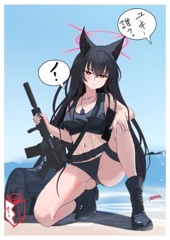 1girl abs absurdres alternate_costume animal_ear_fluff animal_ears assault_rifle black_boots black_hair black_panties black_sports_bra blue_archive blush boots commentary crossed_bangs dog_tags english_commentary fox_ears fox_girl gun hair_between_eyes halo highres holding holding_gun holding_weapon long_hair melissa_v2 muscular muscular_female navel on_one_knee panties red_eyes red_halo rifle solo sports_bra stomach sweat underwear weapon yukino_(blue_archive)