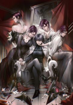 5girls chair chief_(path_to_nowhere) coat coat_on_shoulders dress female_chief_(path_to_nowhere) fyredu gradient_hair highres looking_at_viewer multicolored_hair multiple_girls multiple_persona path_to_nowhere picture_frame shalom_(path_to_nowhere) sitting white_coat yuri