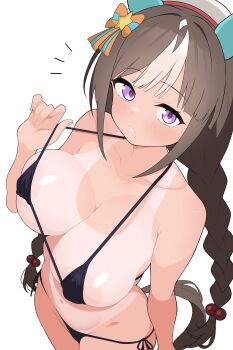 1girl absurdres animal_ears beret bikini bikini_top_pull black_bikini blush bow braid breasts brown_hair clothes_pull commentary ear_covers from_above hair_bow hat highres hokko_tarumae_(umamusume) horse_ears horse_girl large_breasts long_hair looking_at_viewer low_twin_braids micro_bikini multicolored_hair one-piece_tan puchimosu_(mosu1427) pulling_own_clothes purple_eyes side-tie_bikini_bottom simple_background streaked_hair striped_bow swimsuit tan tanline twin_braids umamusume white_background white_hat white_streaks
