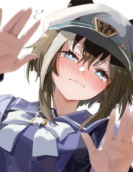 1girl absurdres animal_ears blue_eyes blush bow bowtie breasts brown_hair cheval_grand_(umamusume) close-up closed_mouth ear_covers ear_ornament ears_through_headwear hair_between_eyes hat hat_belt highres horse_ears horse_girl looking_at_viewer medium_hair multicolored_hair peaked_cap purple_sailor_collar purple_serafuku purple_shirt sailor_collar sailor_shirt school_uniform serafuku shirt simple_background solo streaked_hair tearing_up tracen_school_uniform umamusume upper_body white_background white_bow white_bowtie white_hair white_hat yoojp