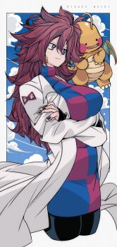 1girl android android_21 antennae black_eyes black_nails black_pantyhose blue_dress blue_eyes blush blush_stickers breasts brown_hair claws cloud coat crossed_arms ditto dragon dragon_ball dragon_ball_fighterz dragonite dress earrings gen_1_pokemon hoop_earrings jewelry kinakomochi_(user_vedc2333) lab_coat large_breasts long_hair long_sleeves nail_polish nintendo open_clothes open_coat open_mouth pantyhose pokemon pokemon_(creature) pokemon_pokopia red_dress red_ribbon_army robot sky smile standing transformed_ditto two-tone_dress white_coat wings