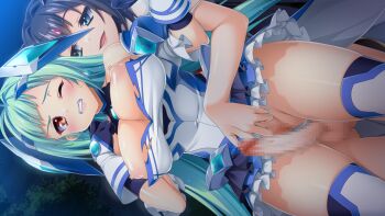 1futa 1girl aqua_eyes aqua_hair black_hair blue_eyes blush breasts breasts_out censored chest_jewel clenched_teeth dutch_angle exs-tia_aqua floating_headgear forehead_jewel frills futa_with_female futanari futasub game_cg gloves gluteal_fold green_hair handjob headgear josou_seme kamitsurugi_ouka kouyoku_senki_exs-tia_concert kunijima_chiaki large_breasts large_variant_set leotard long_hair magical_girl mosaic_censoring night nipples non-web_source official_art one_eye_closed open_mouth outdoors penis precum reach-around red_eyes shiny_skin short_hair skirt smile sweat teeth thighhighs torn_clothes torn_skirt variant_set very_long_hair wauri_(exs-tia_concert) wince