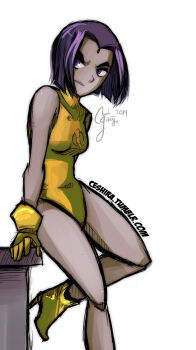 1girl alternate_costume bindi bob_cut boots breasts ceshira colored_skin dc_comics desk facial_mark female_focus forehead_mark gloves grey_skin high_heel_boots high_heels highres lady_legasus leaning leotard purple_hair raven_(dc) red_eyes shoes short_hair signature small_breasts solo teen_titans watermark web_address yellow_footwear