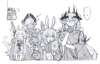 3boys 3girls alternate_hairstyle amiya_(arknights) animal_ears arknights cat_ears cat_girl cat_tail closed_eyes coat commentary emptybottle_55 gloves head_wings highres logos_(arknights) mechanist_(arknights) misery_(arknights) monochrome multiple_boys multiple_girls open_clothes open_coat pointy_ears rabbit_ears rabbit_girl raidian_(arknights) rosmontis_(arknights) simple_background symbol-only_commentary tail twintails white_background wings