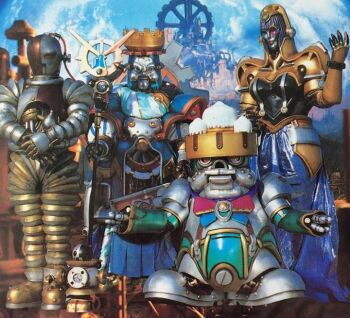 1990s_(style) age_difference butlers_acha_&amp;_kocha chouriki_sentai_ohranger emperor_bacchus_wrath empress_hysteria family father_and_son full_body gears holding holding_staff husband_and_wife king_mondo klank looking_at_viewer machine machine_empire machine_empire_baranoia mother_and_son no_humans orbus photo_(medium) power_rangers power_rangers_zeo prince_buldont prince_sprocket queen_machina retro_artstyle saban_entertainment scepter tokusatsu staff standing super_sentai