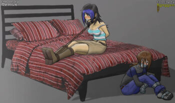 2girls aeria arms_behind_back ball_gag bdsm belt bgaggen black_hair blue_eyes blue_streaks blush bondage boots bound bound_ankles bound_feet bound_neck breasts brown_eyes brown_hair cleavage collarbone denim gag gagged hostage improvised_gag medium_breasts multicolored_hair multiple_girls remus_(artist) scared skirt strangling tape tape_bondage tape_gag traumatized two-tone_hair wossarem wossy