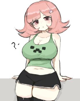 1girl :d alternate_costume black_shorts black_thighhighs breasts cleavage confused creeper danganronpa_(series) danganronpa_2:_goodbye_despair from_side green_shirt large_breasts looking_at_viewer m3link medium_hair minecraft mole mole_on_breast nanami_chiaki open_mouth pink_hair shirt short_hair shorts simple_background smile thighhighs