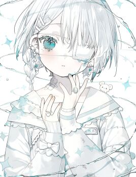 1girl bandaid bandaid_on_neck blue_eyes blush braid closed_mouth collarbone commentary eyepatch hands_up highres karo_(karohroka) long_hair long_sleeves looking_at_viewer original sailor_collar shirt simple_background single_braid sleeve_bow solo sparkle symbol-only_commentary upper_body white_background white_hair white_sailor_collar white_shirt