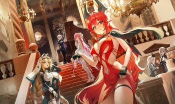 6+girls absurdres aerial_fireworks arm_up armored_bodysuit black_dress black_gloves black_jacket blonde_hair blue_eyes braid breasts cake chandelier cleavage closed_mouth clothing_cutout commentary cross cross_facial_mark dorothy_(nikke) dress evening_gown facial_mark fang fingerless_gloves fireworks food gloves goddess_(nikke) goddess_of_victory:_nikke grand_piano grey_hair hallo_(rltkdydrltk) hand_up head-mounted_display high_heels highres horns instrument jacket jacket_on_shoulders large_breasts layer_cake liliweiss_(nikke) long_braid long_hair looking_at_viewer low-braided_long_hair low-tied_long_hair mechanical_horns multiple_girls navel_cutout official_alternate_costume open_mouth piano pillar pink_hair rapunzel_(nikke) rapunzel_(pure_grace)_(nikke) red_dress red_eyes red_hair red_hood_(nikke) red_hood_(nonsense_red)_(nikke) scarlet_(black_shadow)_(nikke) scarlet_(nikke) short_hair skin_fang snow_white_(innocent_days)_(nikke) snow_white_(nikke) stairs thigh_strap thighs visor_(armor) visor_lift white_dress white_footwear white_hair