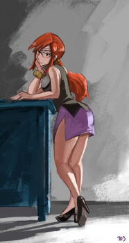 103anon 1girl ass bare_shoulders bracelet breasts desk glasses grey_background high_heels highres jewelry large_breasts light_rays long_hair lorelei_(pokemon) nintendo pokemon pokemon_frlg ponytail red_hair skirt sleeveless teeth