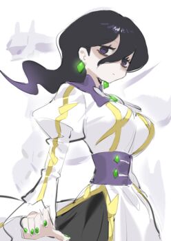 1girl alternate_costume arceus arceus_(ghost) black_hair breasts corset dress earrings gen_4_pokemon gold_trim green_nails hair_between_eyes hex_maniac_(pokemon) hex_maniac_(pokemon_legends:_z-a) jewelry juliet_sleeves large_breasts legendary_pokemon long_hair long_sleeves looking_at_viewer mythical_pokemon neck_ribbon nintendo pokemon pokemon_(creature) pokemon_legends:_z-a pokemon_masters_ex puffy_sleeves purple_corset purple_eyes purple_ribbon raine_(acke2445) ribbon sphere_earrings white_dress