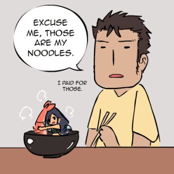 1boy 1girl artist_self-insert black_hair chibi chopsticks completely_unamused english_text food in_food john_su long_hair lowres mini_person minigirl monster_girl noodles original ramen shrimp unamused