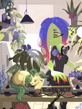1girl black_dress blue_hair ceiling_light cephalopod_eyes closed_eyes closed_mouth colored_skin commentary dedf1sh dj dress ear_piercing earrings english_commentary fernshawart flower gen_4_pokemon gradient_hair green_skin hair_over_one_eye headphones headphones_around_neck highres indoors inoue_seita jewelry lavender_(flower) leafeon long_hair multicolored_hair nintendo octoling official_art piercing pink_hair plant pokemon pokemon_(creature) potted_plant sanitized_(splatoon) sleeping smile splatoon_(series) splatoon_3 splatoon_3:_side_order tentacle_hair third-party_edit two-tone_hair wire yellow_eyes