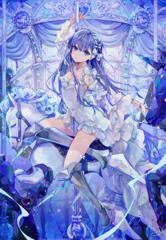 1girl bow breasts carousel detached_sleeves dress earrings fate/extra fate/extra_ccc fate/grand_order fate_(series) frilled_dress frilled_sleeves frills hair_bow highres holding holding_pole horseback_riding hutuu_(1121) jewelry long_hair long_sleeves looking_at_viewer meltryllis_(fate) necklace pole prosthesis prosthetic_leg purple_eyes purple_hair ribbon riding sidesaddle small_breasts solo very_long_hair white_horse