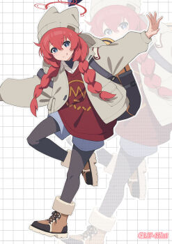 1girl :q animal_ear_headwear ankle_boots artist_name backpack bag beanie black_pantyhose blue_archive blue_eyes blue_shorts blush boots braid chinese_commentary commentary_request fake_animal_ears grey_hat grey_jacket grid_background hair_between_eyes halo hat highres jacket leg_up lemon_tea_(15058751917) long_hair long_sleeves looking_at_viewer maki_(blue_archive) maki_(camp)_(blue_archive) official_alternate_costume official_alternate_hairstyle open_clothes open_jacket outstretched_arms pantyhose red_hair red_halo red_sweater shorts smile solo spread_arms sweater tongue tongue_out twin_braids zoom_layer