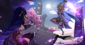 2girls absurdres angry armpits arms_up back_bow blonde_hair blue_sky boots bow braid bridal_gauntlets cloud cloudy_sky commentary dress electro_symbol_(genshin_impact) fighting floating from_behind from_below genshin_impact glowing glowing_hair glowing_sword glowing_weapon gradient_hair hair_between_eyes hair_ornament highres japanese_clothes leaning_forward light_particles long_braid long_hair looking_down lumine_(genshin_impact) multicolored_hair multiple_girls off_shoulder omame_(kana2) open_mouth outdoors purple_hair raiden_shogun red_sash sash scarf short_hair single_braid sky spoilers statue statue_of_the_seven streaked_hair sun thigh_boots vs weapon white_dress white_scarf wide_sleeves