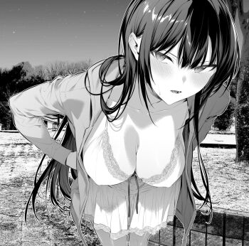 1girl bent_over blush breasts cleavage coat downblouse dress foreshortening greyscale hair_between_eyes haite_kudasai_takamine-san hand_on_own_hip hiiragi_yuuichi large_breasts long_hair long_sleeves looking_at_viewer lower_teeth_only monochrome night official_art open_clothes open_coat open_mouth outdoors solo standing star_(sky) sweatdrop takamine_takane teeth tongue tree very_long_hair